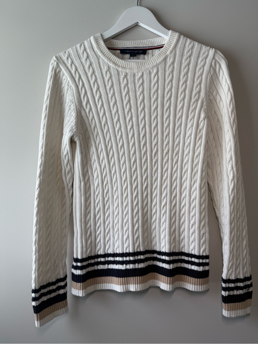 Tommy Hilfiger Cream Cable Knit Sweater Navy Tan Stripe Preppy M